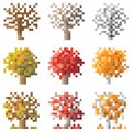 Set of pixel autumn treebirch, oak, apple-tree.