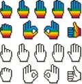 Set of Pixel Hand Cursors in Rainbow Color Pattern Two