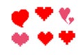 Set of pixel hearts 8bit on white background