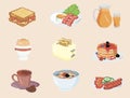 Set of pixel icons for breakfast. Meal for morning