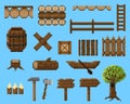 A set of pixel objects and seamless elements made of wood.