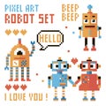 Set of pixel robots, words, hearts. Royalty Free Stock Photo