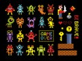 Set of pixel video game characters in retro computer style.