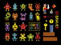 Set of pixel video game characters in retro computer style. Royalty Free Stock Photo