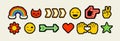 A set of pixels elements. Y2k trendy stickers. Mood of 90's aesthetics. 8-bit retro style vector illustration. Neon