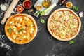 Set Pizza background. various kinds of Italian pizza on a dark background, Fast food lunch. top view. place for text