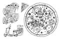 Set of pizza with cheese. Yummy italian vegetarian food with tomatoes, olives and eggplant. Sketch for restaurant menu