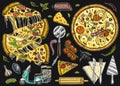 Set of pizza with cheese. Yummy italian vegetarian food with tomatoes, Seafood and olives. Ingredients for cooking and