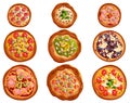 Set of pizza with different toppings on round base Royalty Free Stock Photo