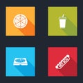 Set Pizza, Glass with water, in cardboard box and Hotdog sandwich icon. Vector Royalty Free Stock Photo