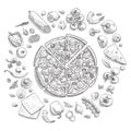Set of pizza ingredients in doodle style isolated