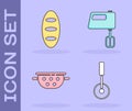 Set Pizza knife, Bread loaf, Kitchen colander and Electric mixer icon. Vector