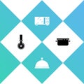 Set Pizza knife, Covered with tray, Microwave oven and Cooking pot icon. Vector