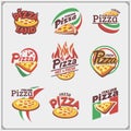 Set of pizza labels, badges, icons and design elements. Emblems for pizzeria. Royalty Free Stock Photo
