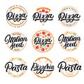 Set of pizza, pasta, pizzeria and italian food hand written lettering logos, labels, badges.