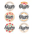 Set of pizza and pizzeria hand written lettering logo, label, badge. Royalty Free Stock Photo