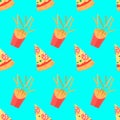 Set of pizza slices with different toppings. French fries. Vector fast food illustration. Seamless pattern. Royalty Free Stock Photo