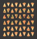 Set of pizza slices with different toppings including shrimps, chili pepper, mushrooms, bacon, cheese, onion, tomatoes, salami. Royalty Free Stock Photo