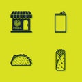 Set Pizzeria building facade, Burrito, Taco with tortilla and Aluminum can icon. Vector Royalty Free Stock Photo