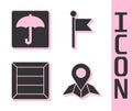 Set Placeholder on map paper, Umbrella, Wooden box and Location marker icon. Vector.