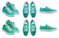 2 Set of plain turquoise blue green sneaker lace up sport-shoe sports shoe front top side view transparent cutout, PNG Royalty Free Stock Photo