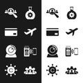 Set Plane, Credit card, Magnifying glass for search people, Bioengineering, Web camera and POS terminal icon. Vector