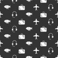 Set Plane, Headphones with microphone, Airship and Suitcase on seamless pattern. Vector Royalty Free Stock Photo