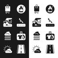 Set Plane landing, crash, Suitcase, No alcohol, Cloud with rain, Airport runway and Sun cloud weather icon. Vector