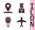 Set Plane, Location, Hot air balloon and Stewardess icon. Vector