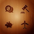Set Plane, Location shield, Piggy bank and Judge gavel on wooden background. Vector