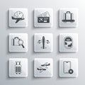 Set Plane, No cell phone, Airplane window, Suitcase, Lost baggage, Globe with flying and Conveyor belt suitcase icon