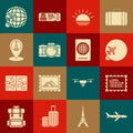 Set Plane, Postal stamp and Coliseum, Globe with flying plane, Sunset, Photo camera, Map pointer Eiffel tower, and