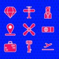 Set Plane propeller, Aircraft steering helm, takeoff, Airline ticket, Suitcase, Location, Stewardess and Parachute icon