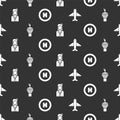 Set Plane, Radar, Stewardess and Helicopter landing pad on seamless pattern. Vector