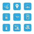 Set Plane, Scale with suitcase, Calendar and airplane, Mobile ticket, Suitcase, Globe flying and No scissors icon