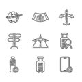 Set Plane, Suitcase, No cell phone, Lost baggage, water bottle, Road traffic sign, and Globe with flying plane icon