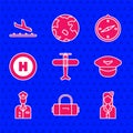 Set Plane, Suitcase, Stewardess, Pilot hat, Helicopter landing pad, Compass and icon. Vector