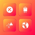 Set Plane, Suitcase, Warning aircraft and Worldwide icon. Vector