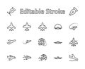 Set of plane vector line icon. It contains symbols to aircraft, globe and more. Editable move. 32x32 pixels.