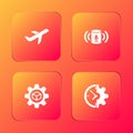 Set Plane, Voice assistant, Product development and Clock and gear icon. Vector Royalty Free Stock Photo