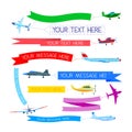 Set of Planes with Banners. Airplanes or Aircraft with Blank Message Advertisement and Text Template for Ad, Airliners Royalty Free Stock Photo