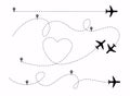 Set of planes path with location pins vector illustration. Heart dashed line trace and plane routes