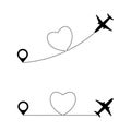 Set of planes path with location pins vector illustration. Heart dashed line trace and plane routes