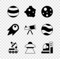 Set Planet, Asteroid, Mars, rover, UFO flying spaceship, Astronaut helmet, Comet falling down fast and Telescope icon Royalty Free Stock Photo