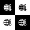 Set Planet earth melting to global warming icon isolated on black and white background. Ecological problems and Royalty Free Stock Photo