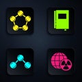 Set Planet earth and radiation, Molecule, Molecule and Book. Black square button. Vector