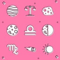 Set Planet Jupiter, Libra zodiac, Asteroid, Moon, Eclipse of the sun, Virgo and Comet falling down fast icon. Vector Royalty Free Stock Photo