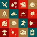 Set Planet, Ray gun, Dog in astronaut helmet, UFO flying spaceship, Rocket with fire, Satellite and Mars rover icon Royalty Free Stock Photo