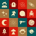 Set Planet, Robot, Black hole, UFO flying spaceship, Falling star, Astronaut and icon. Vector Royalty Free Stock Photo