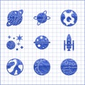 Set Planet Saturn, Moon, Mars, Space shuttle and rockets, planet, Earth globe and icon. Vector Royalty Free Stock Photo